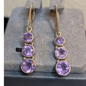 Three Round Graduated Bezel Set Amethyst Gemstone Sterling Lever Back Earrings